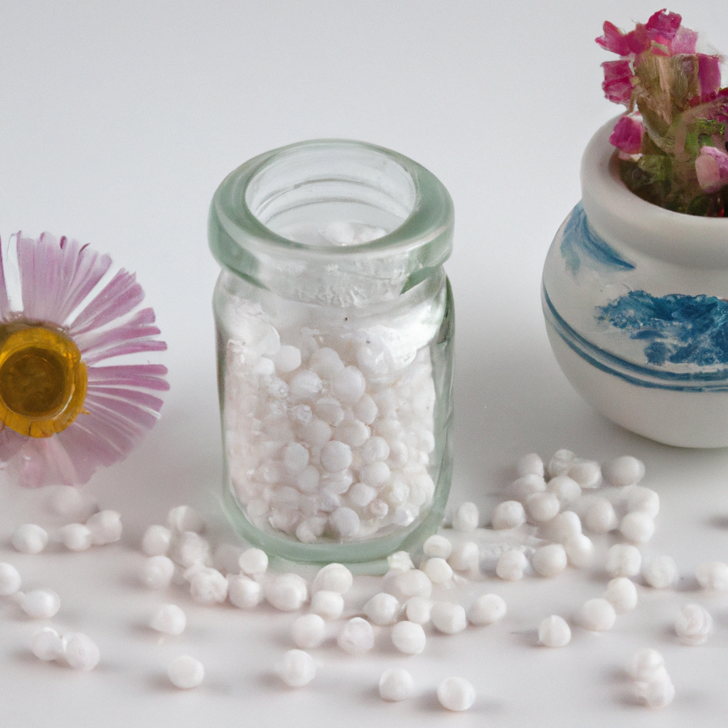 homeopatische medicatie , pot met mineralen, bloemen